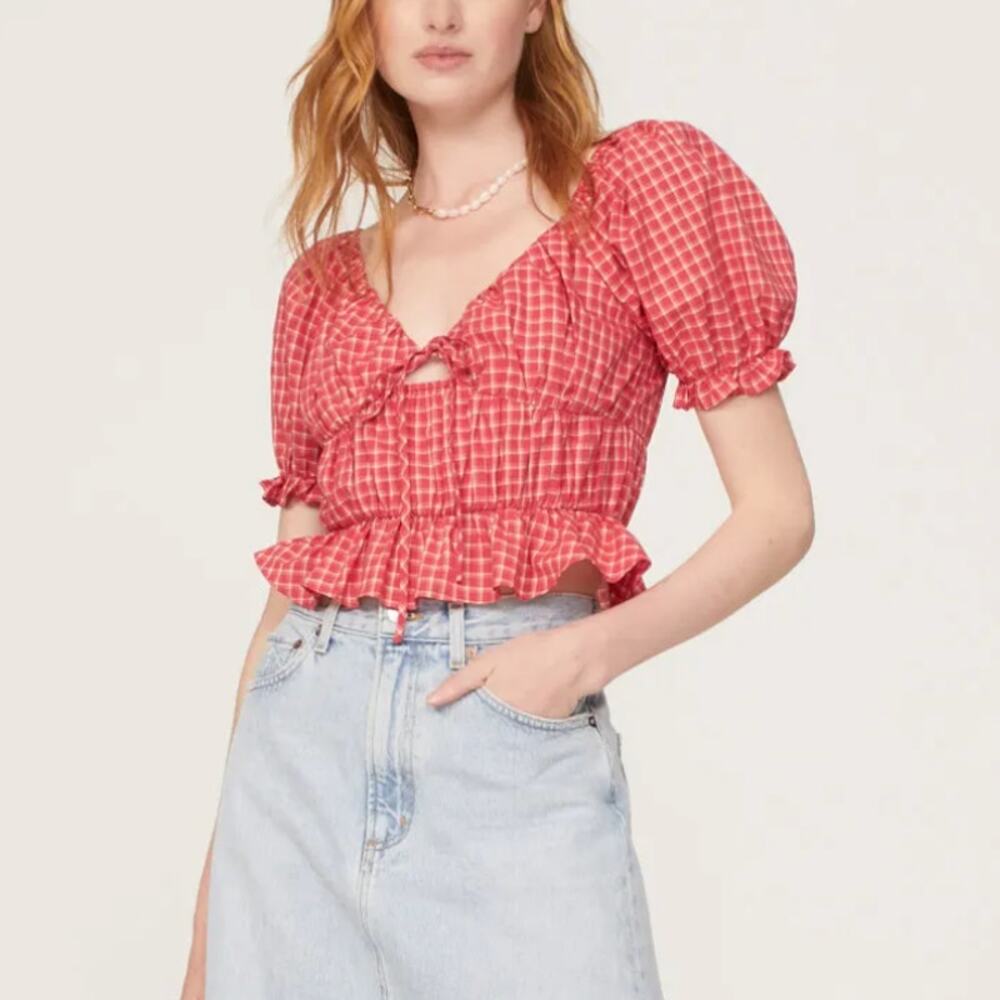 Red Checked Peplum Puff-Sleeve Blouse